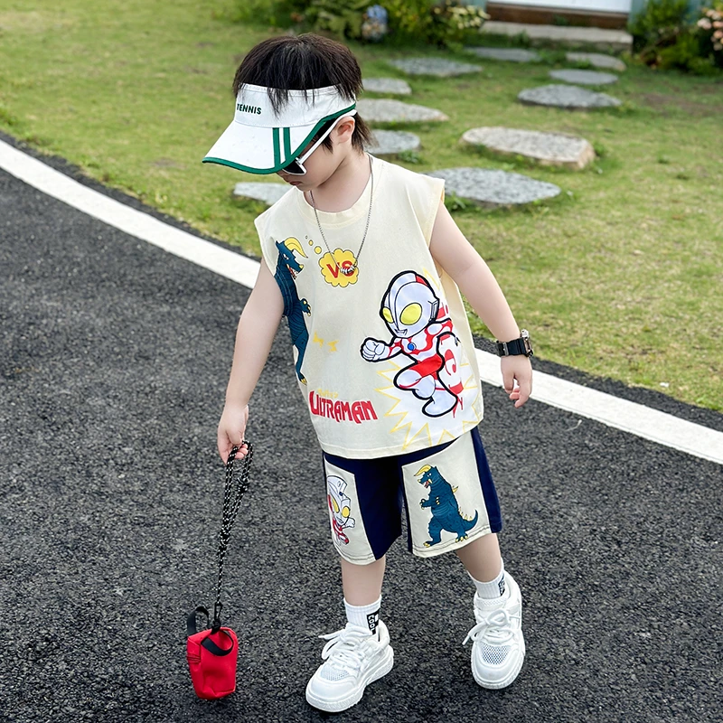 儿童节男童夏季套装薄款男孩无袖夏装小童帅气奥特曼衣服洋气卡通