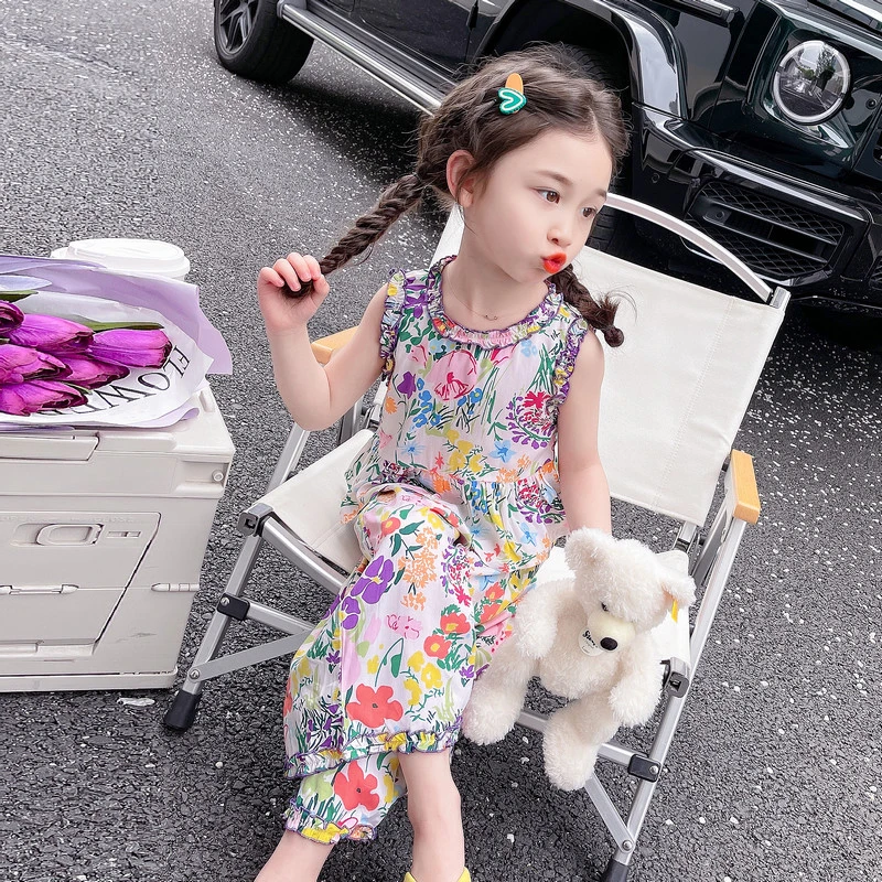女童套装夏款2024新款洋气儿童碎花棉绸无袖网红女宝宝夏季衣服潮