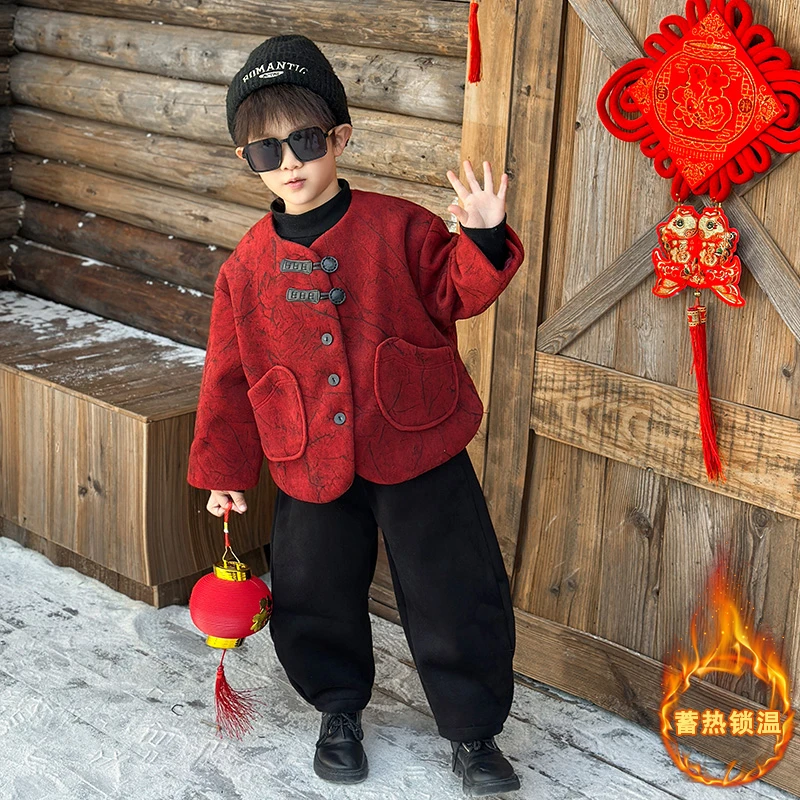 男童拜年服冬季2024新款儿童加厚唐装套装宝宝红色过年喜庆衣服冬