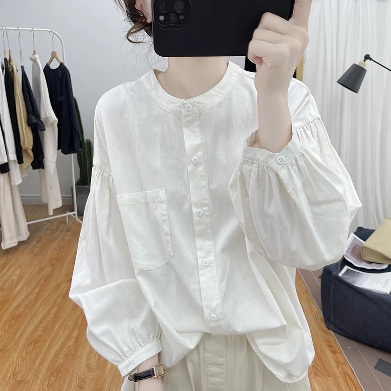 早秋纯棉立领灯笼袖长袖衬衫女式2025韩范减龄上衣复古打底衫衬衣