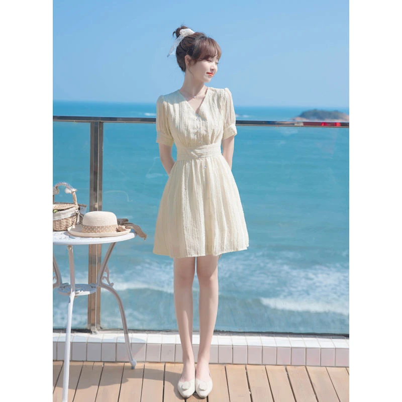 是好货呀,白月光短袖仙女雪纺连衣裙短款收腰法式甜美小个子短裙