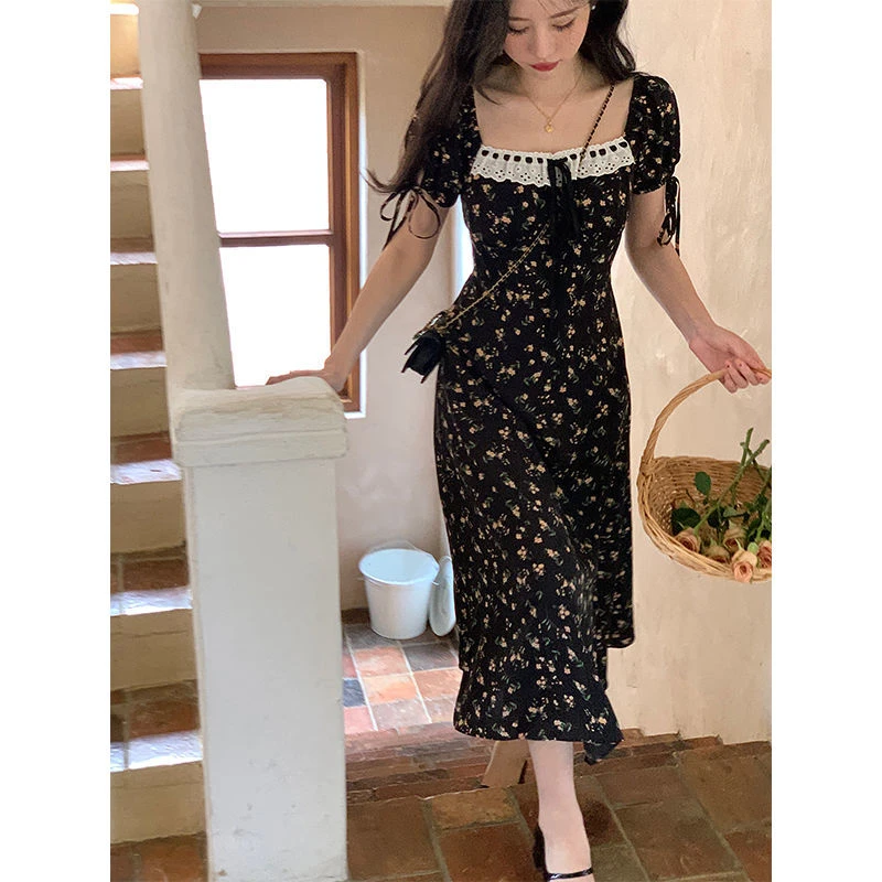 新增2XL尺码方领印花连衣裙子女碎花气质收腰显瘦初恋开叉长裙