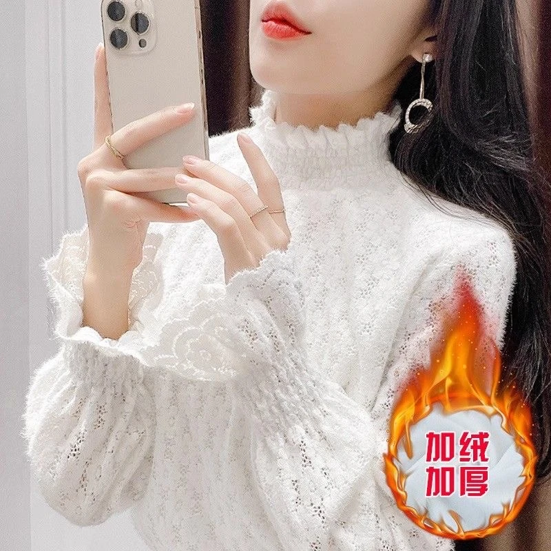 好温柔的一件百搭万能打底衫 加绒加厚蕾丝半高领磨毛喇叭袖上衣