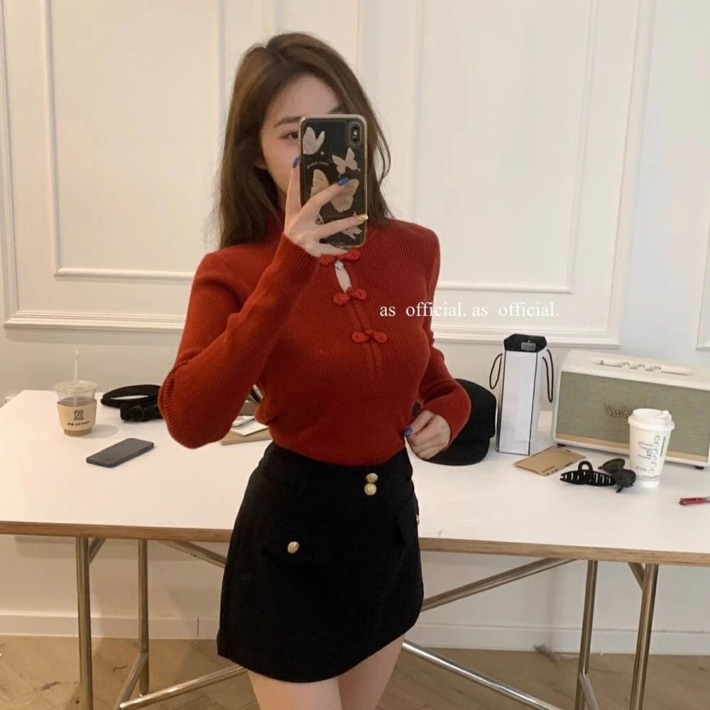 2023秋冬新款新中式国风立领盘扣针织衫女显瘦修身打底衫内搭毛衣