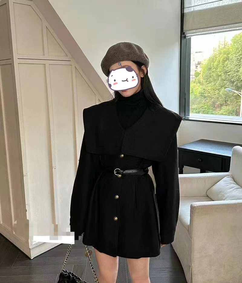 面料升级款韩版网红娃娃领夹棉外套女小个子高级感大翻领毛呢大衣