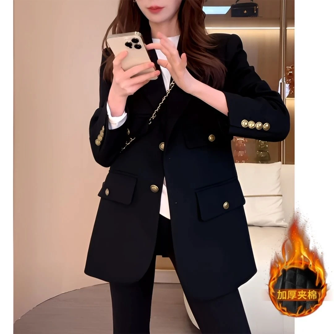很显瘦 秋冬夹棉的高级感黑色西装外套女休闲宽松百搭气质西服