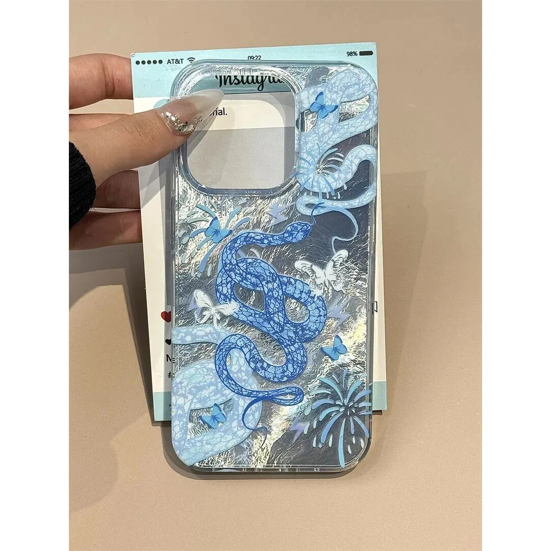 国风蛇生肖高级个性蓝蛇适用苹果16pro手机壳iPhone15潮11冰川纹
