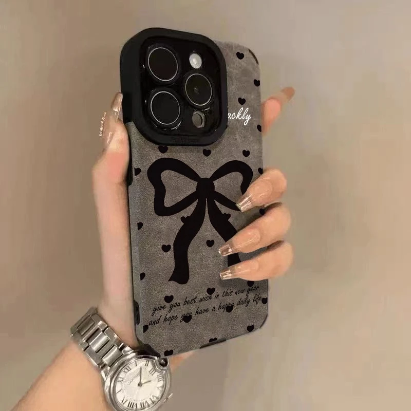 黑蝴蝶结爱心适用苹果16pro/15promax/14pro翻毛皮14/15/XS爆款13