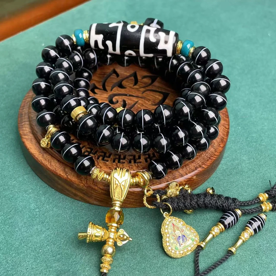 手工设计黑白莲师药师多圈多宝项链7150d