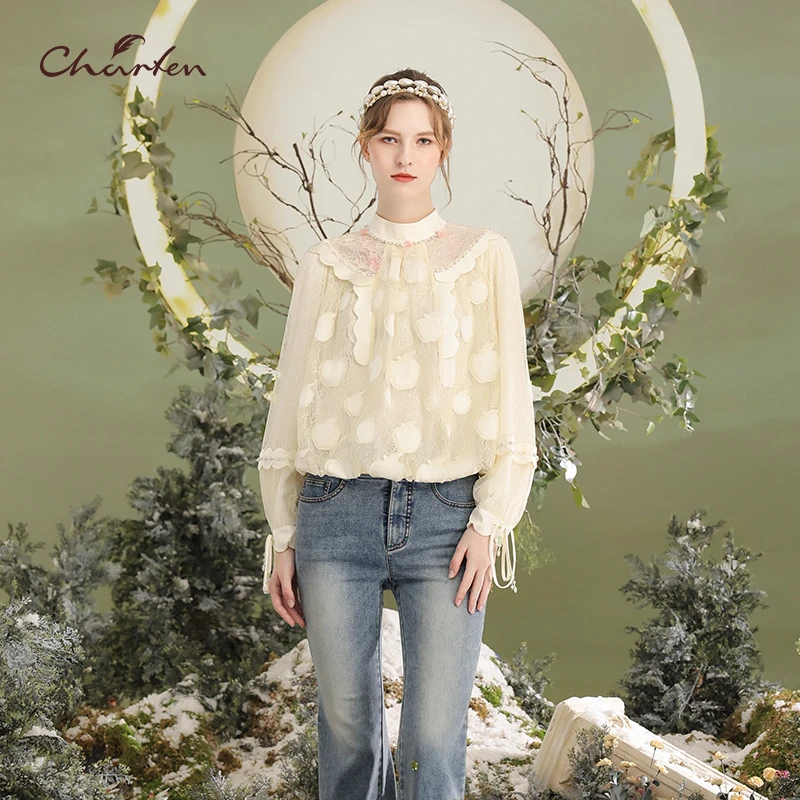 CHARFEN朝峰秋冬蕾丝针织长袖衬衣CFD5D109-1010B