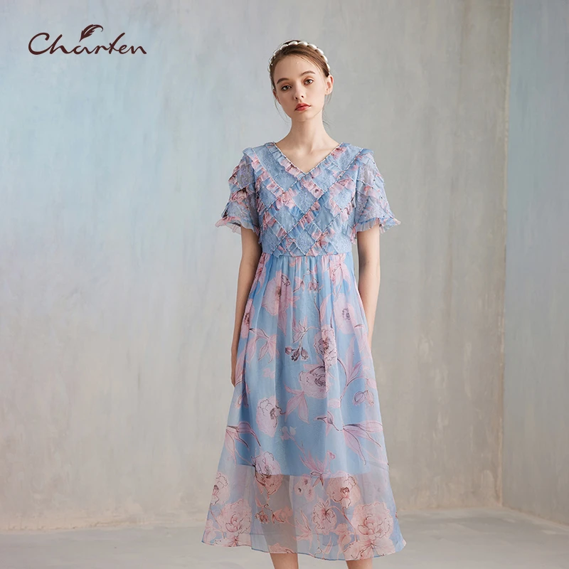 CHARFEN朝峰春夏季新款气质显瘦漫落花影连衣裙CFE2G070-0026G