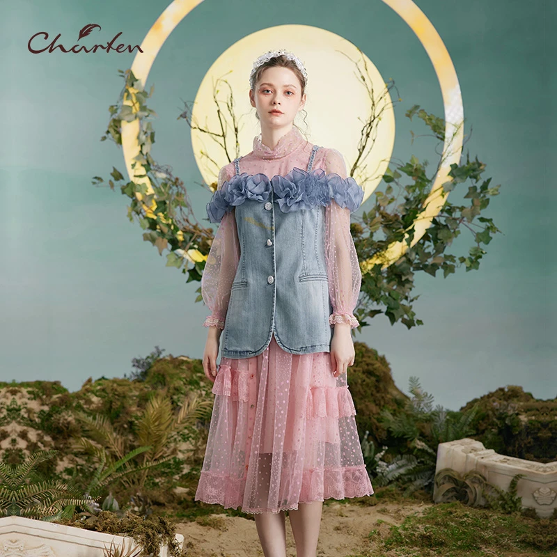 CHARFEN朝峰牛仔拼接网纱两件套连衣裙CFD3B811-8015G