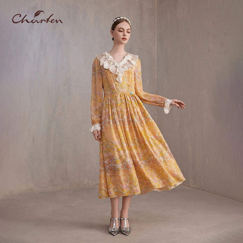 CHARFEN朝峰新款法式复古显瘦鎏金桑蚕丝连衣裙CFE3A361-3087G
