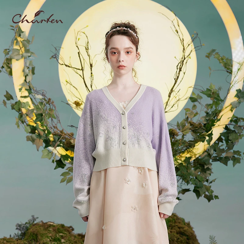 CHARFEN朝峰V领百搭提花长袖毛衣毛织开衫CFD3B130-1060C