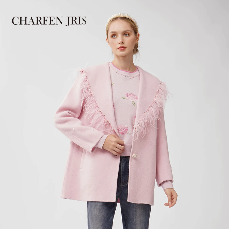 CHARFEN朝峰冬季新款休闲重工钉珠粉色双面呢大衣FJE5E675-6091V