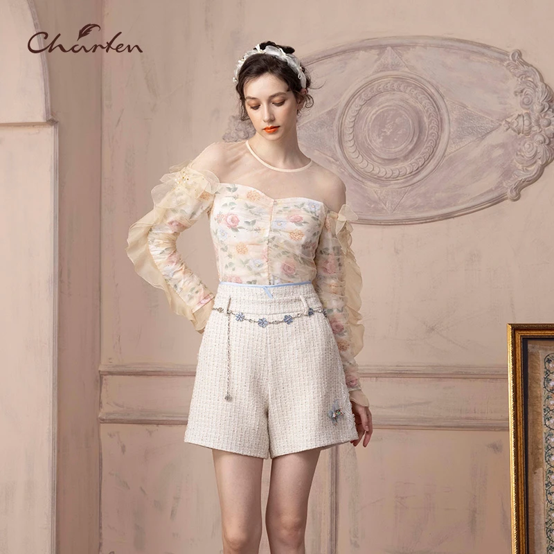 CHARFEN朝峰春季长袖蕾丝抹胸性感荷叶边上衣CFD1C127-1065B