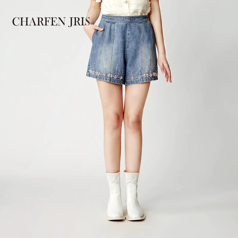达人/CHARFEN春夏季高腰钉珠复古牛仔短裤FJE2H672-6101P