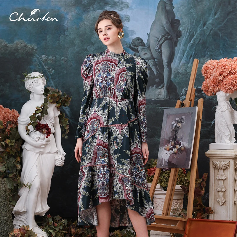 CHARFENCHARFEN朝峰秋款气质复古长款连衣裙CFB3E022-032G