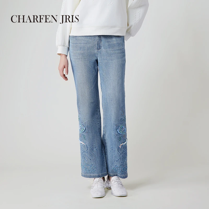 CHARFEN朝峰高腰重工绣花修身时尚直筒牛仔裤FJE3B615-6021P