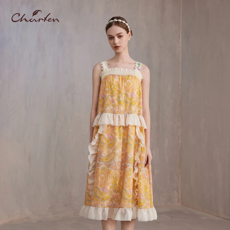 CHARFEN朝峰夏季新款复古时尚鎏金桑蚕丝连衣裙CFE3A363-3090G