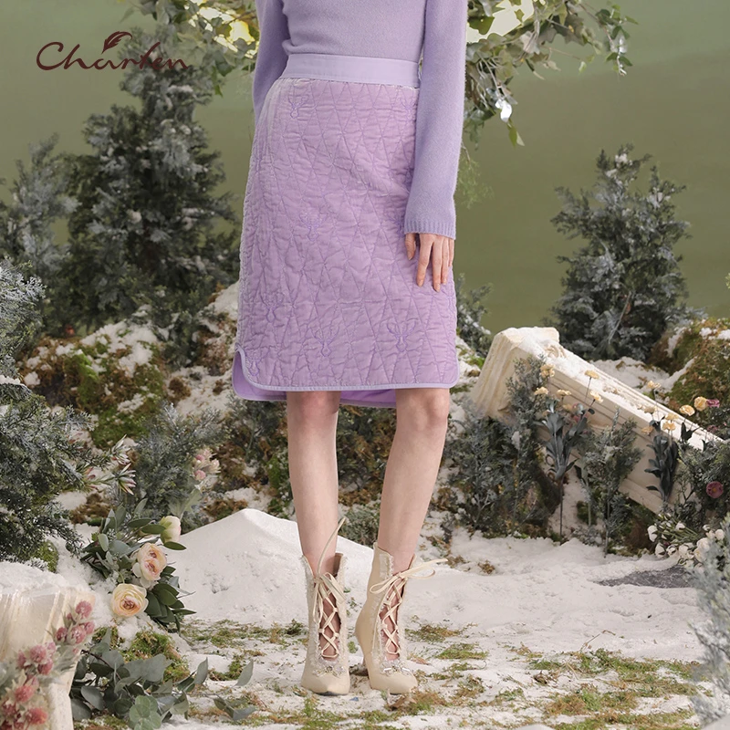 CHARFEN秋冬复古气质高腰夹棉绣花半裙CFD5E312-3019E