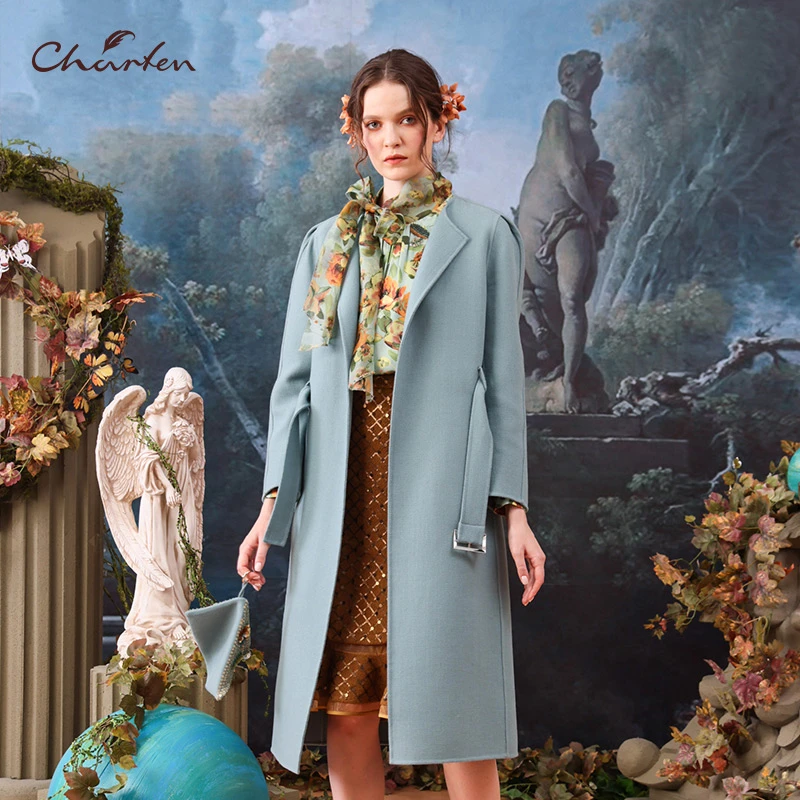 达人/CHARFEN冬季大衣中长款过膝毛呢外套CFB5F050-021A