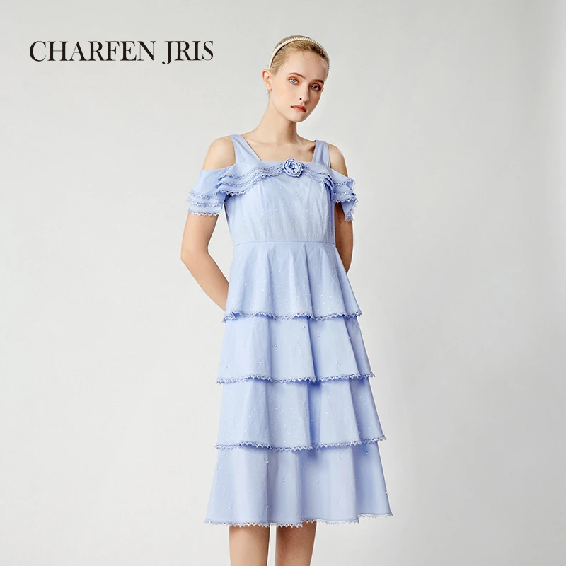 CHARFEN朝峰春夏季新款气质水蓝棉感层塔连衣裙FJE2H669-6098G