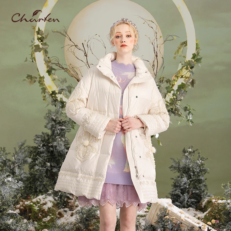 【达人专享】朝峰秋冬时尚百搭浅黄色绣花长款羽绒服CFD5E311-3052Y