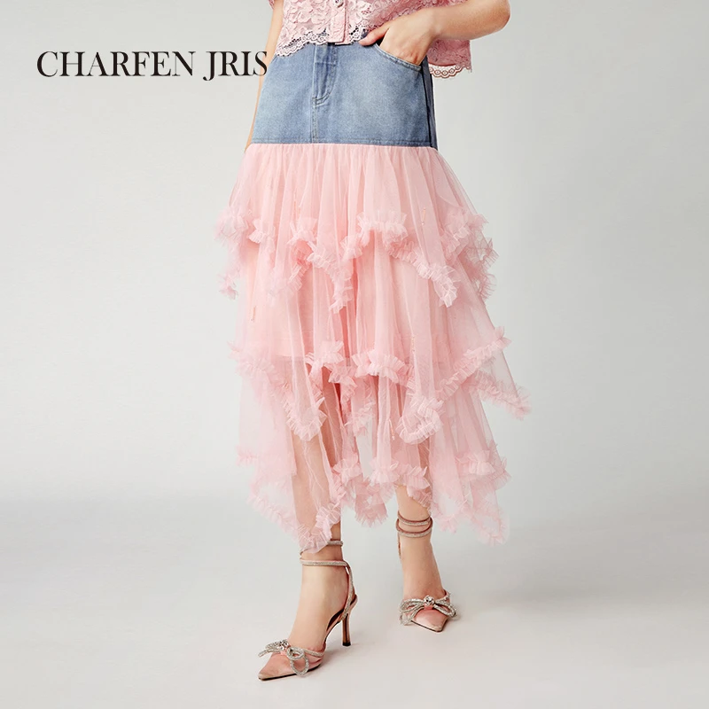 CHARFEN JRIS春夏季新款网纱拼接牛仔蛋糕裙FJE2H667-6096S