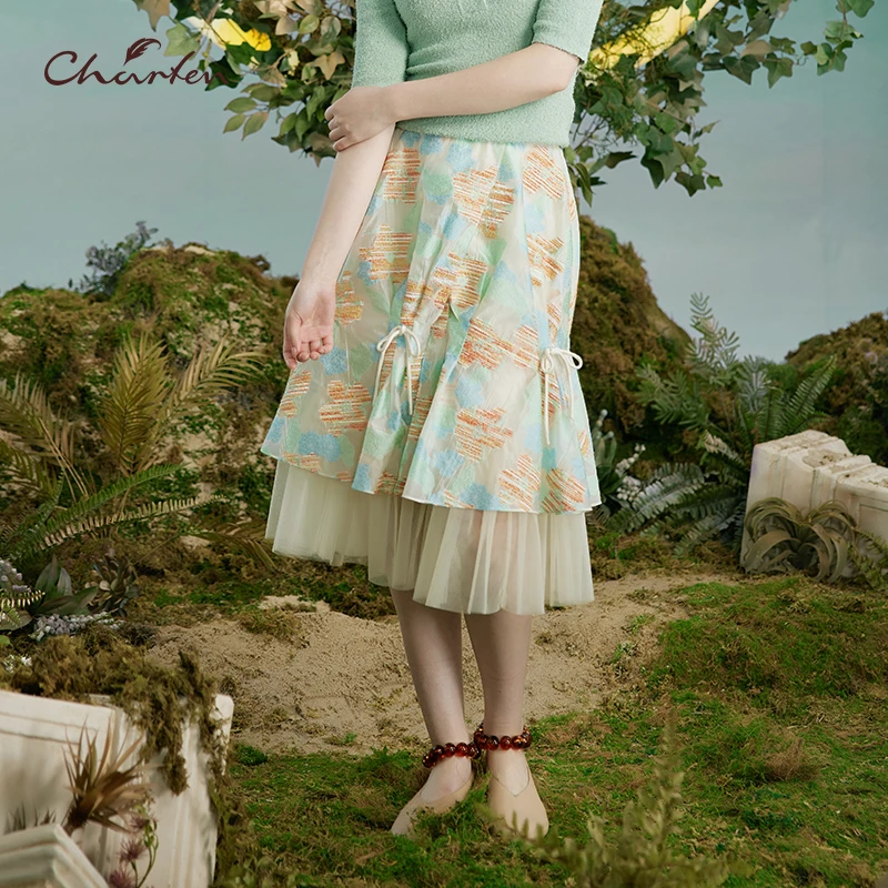 CHARFEN朝峰秋季新款提花拼接伞裙半身裙女CFD3A305-3007E