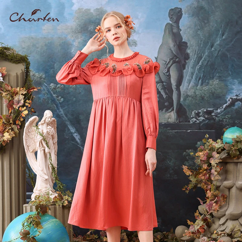 CHARFEN朝峰秋冬钉珠饰片中长款长袖连衣裙CFB5E010-007G