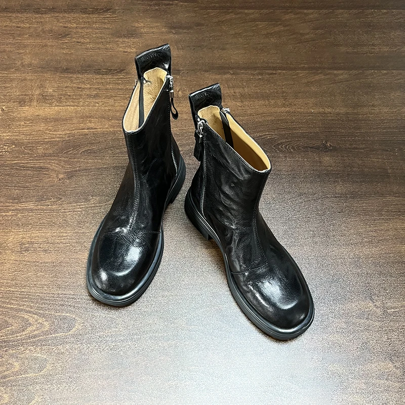 V6367/牛皮/3.5cm/设计感双拉链圆头小短靴女秋冬百搭厚底马丁靴