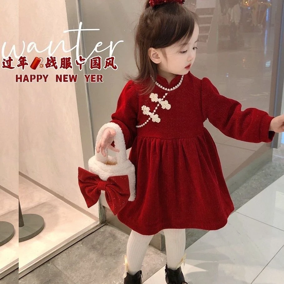 女童加绒裙子2023冬款拜年服红色中国风洋气时尚旗袍公主裙喜庆潮