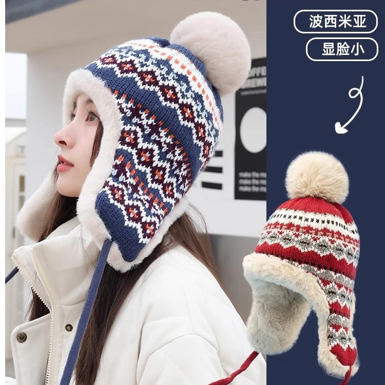 帽子女冬季2024新款民族风针织保暖防寒女款显脸小护耳棉帽雷锋帽