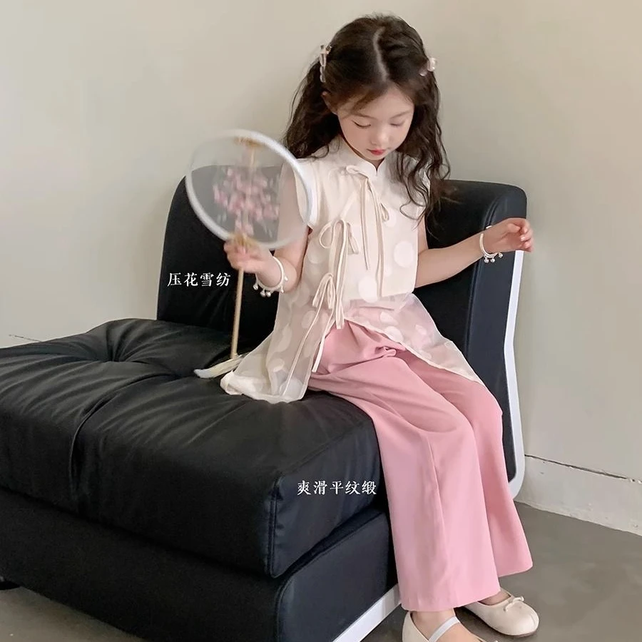 女童夏季新款套装女宝宝中国风网纱打底衫休闲裤两件套