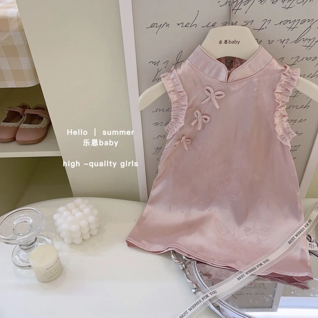 女童夏季新款旗袍女宝宝新中式复古连衣裙木耳花边背心裙