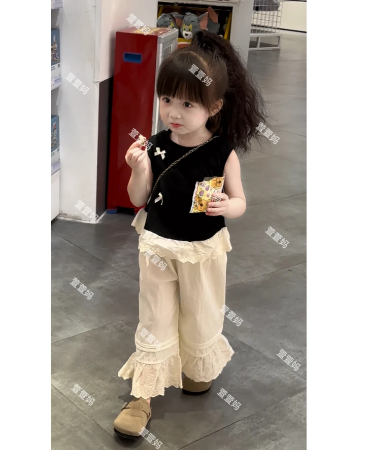 女童夏季新款无袖套装花边上衣女宝宝休闲洋气宽松阔腿裤两件套