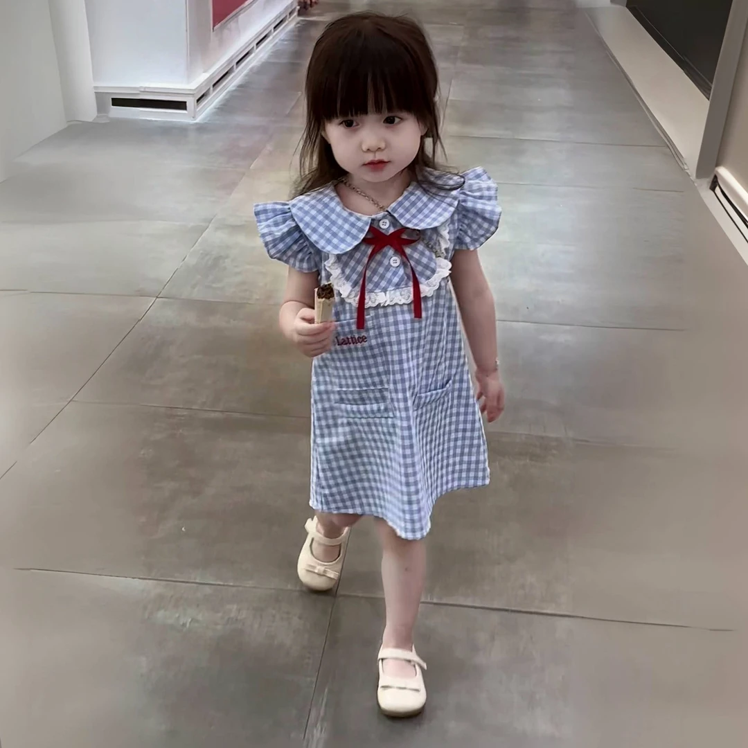 【西柚专属】女童夏季新款连衣裙洋气女宝宝小飞袖格子裙