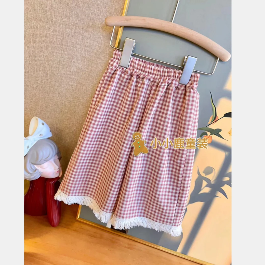 女童夏季新款休闲裤洋气时尚格子女宝宝毛毛边休闲宽松裤子