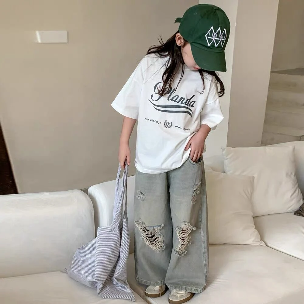 女童春秋季新款牛仔裤女宝宝破洞休闲裤百搭韩版阔腿长裤
