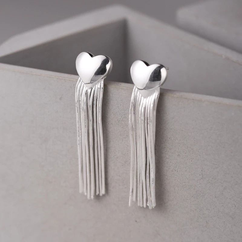 925银耳饰 S925纯银爱心流苏耳钉女ins高级感轻奢长款耳环银耳饰