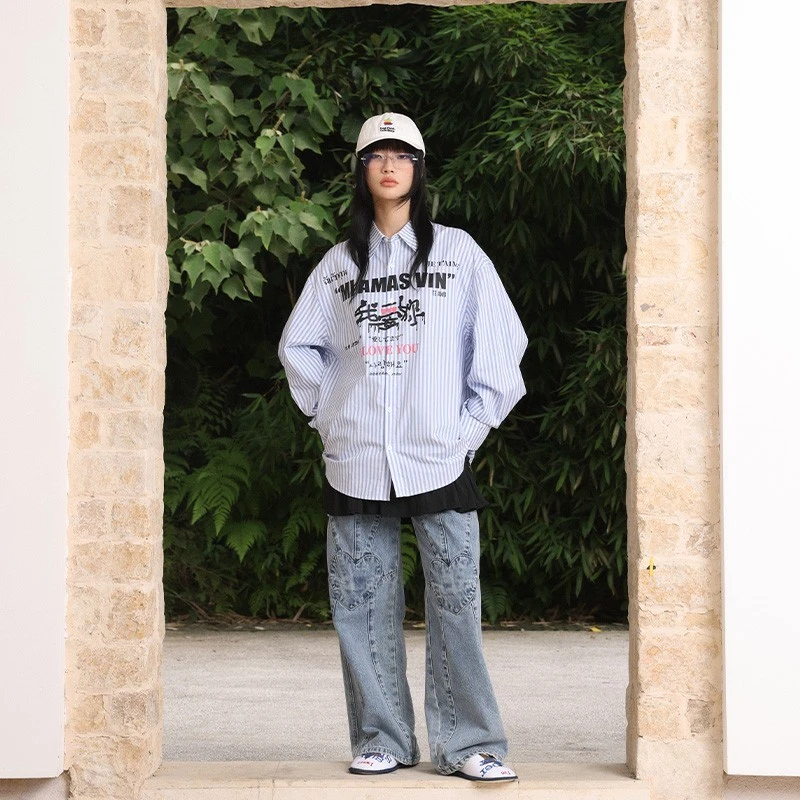 世界语“爱”秋季长袖衬衣男女宽松情侣潮流衬衫