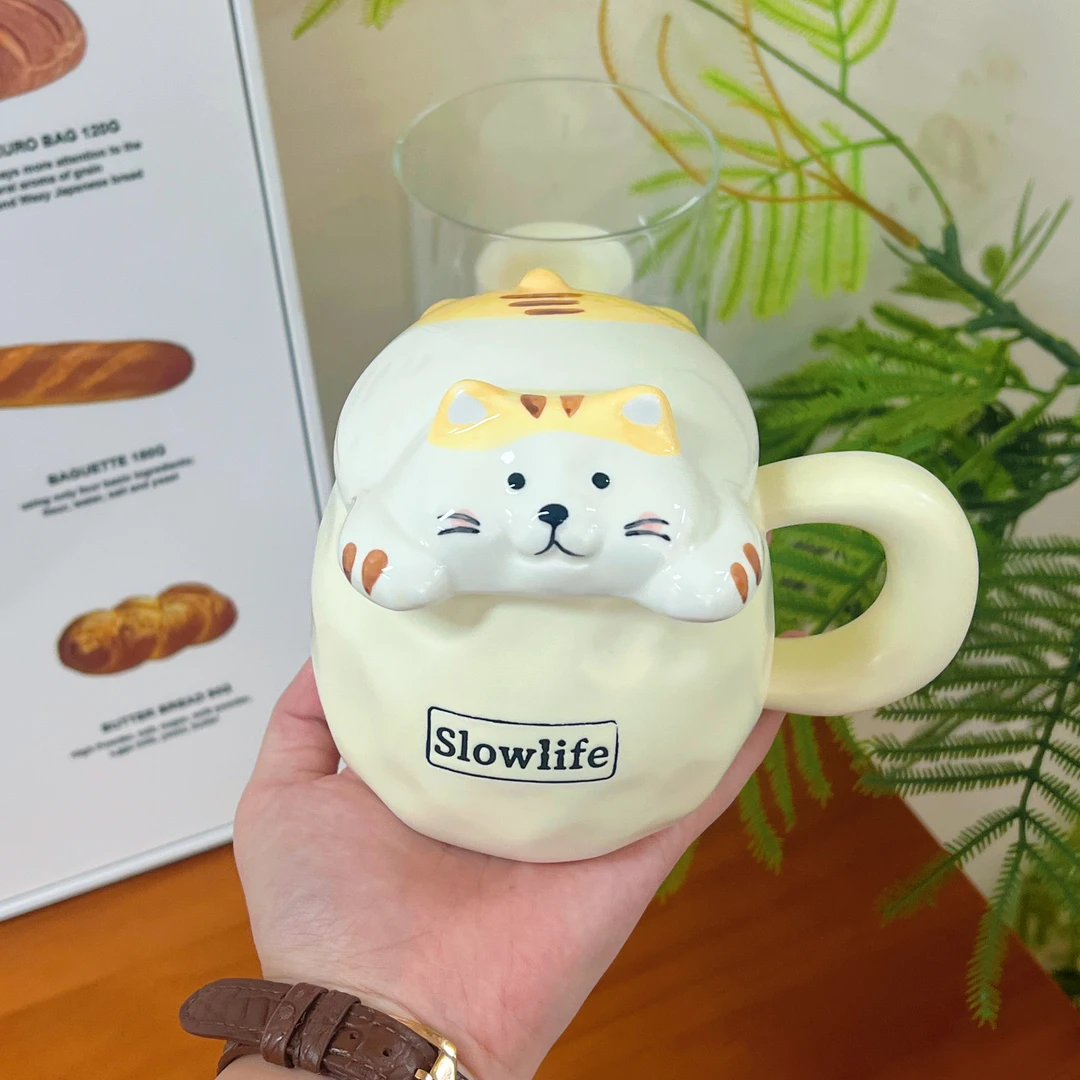 【设计师合作款】趴趴立体猫咪大容量马克杯早餐杯带盖