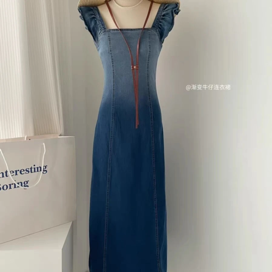 复古渐变牛仔连衣裙女装2023夏季设计感背带裙开叉小飞袖长裙a字
