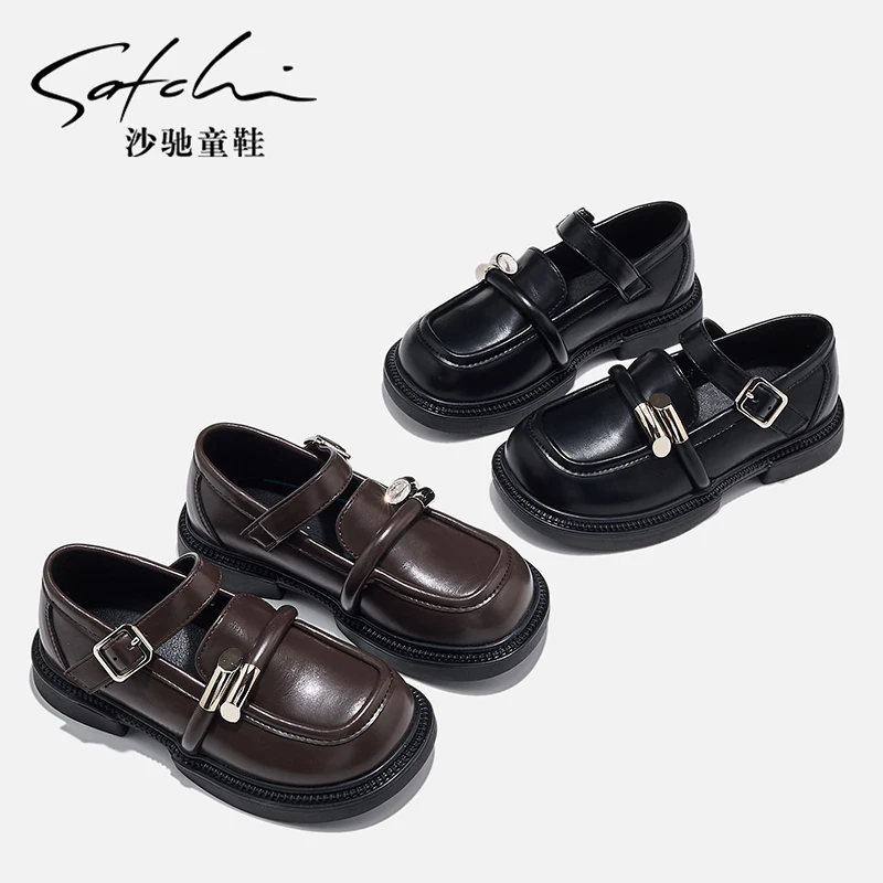 沙驰儿童春季英伦风时尚百搭皮鞋软底2024新款小皮鞋24023