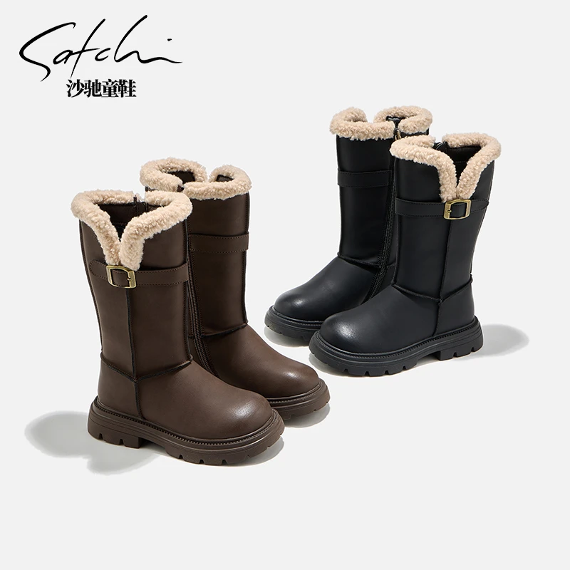 【保暖系列】沙驰儿童皮靴冬季加绒长筒靴保暖女童高筒靴子24782
