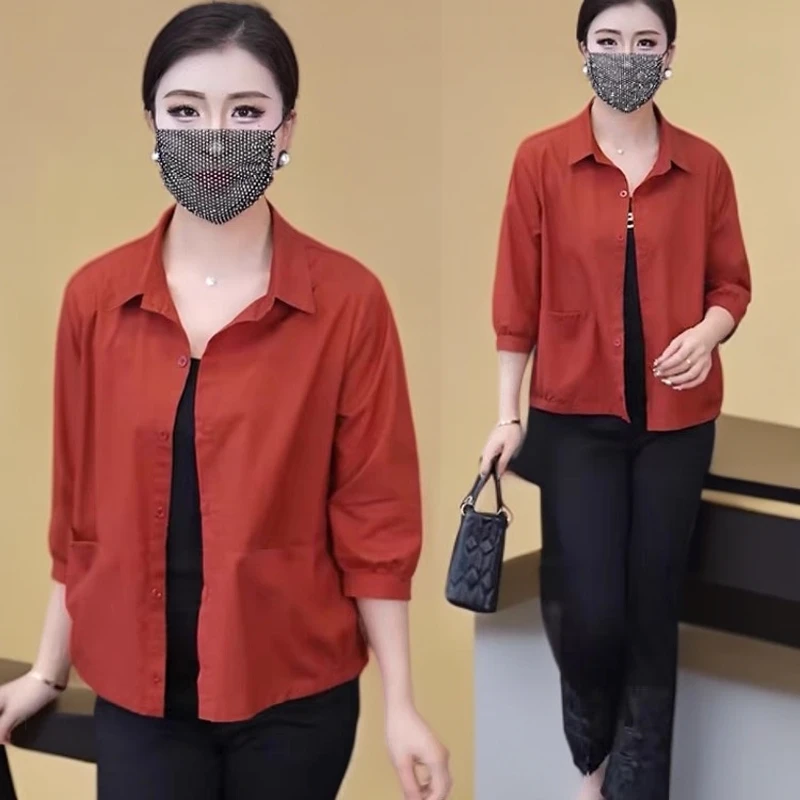 妈妈衬衫女七分袖春夏新款妈妈装外套薄款洋气大码休闲短款上衣服