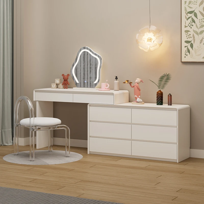 实木奶油风梳妆台斗柜一体可伸缩转角柜化妆桌卧室网红烤漆化妆台