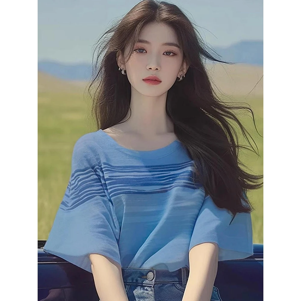 韩版设计感蓝色条纹冰丝短袖T恤夏季小众别致超好看减龄洋气上衣