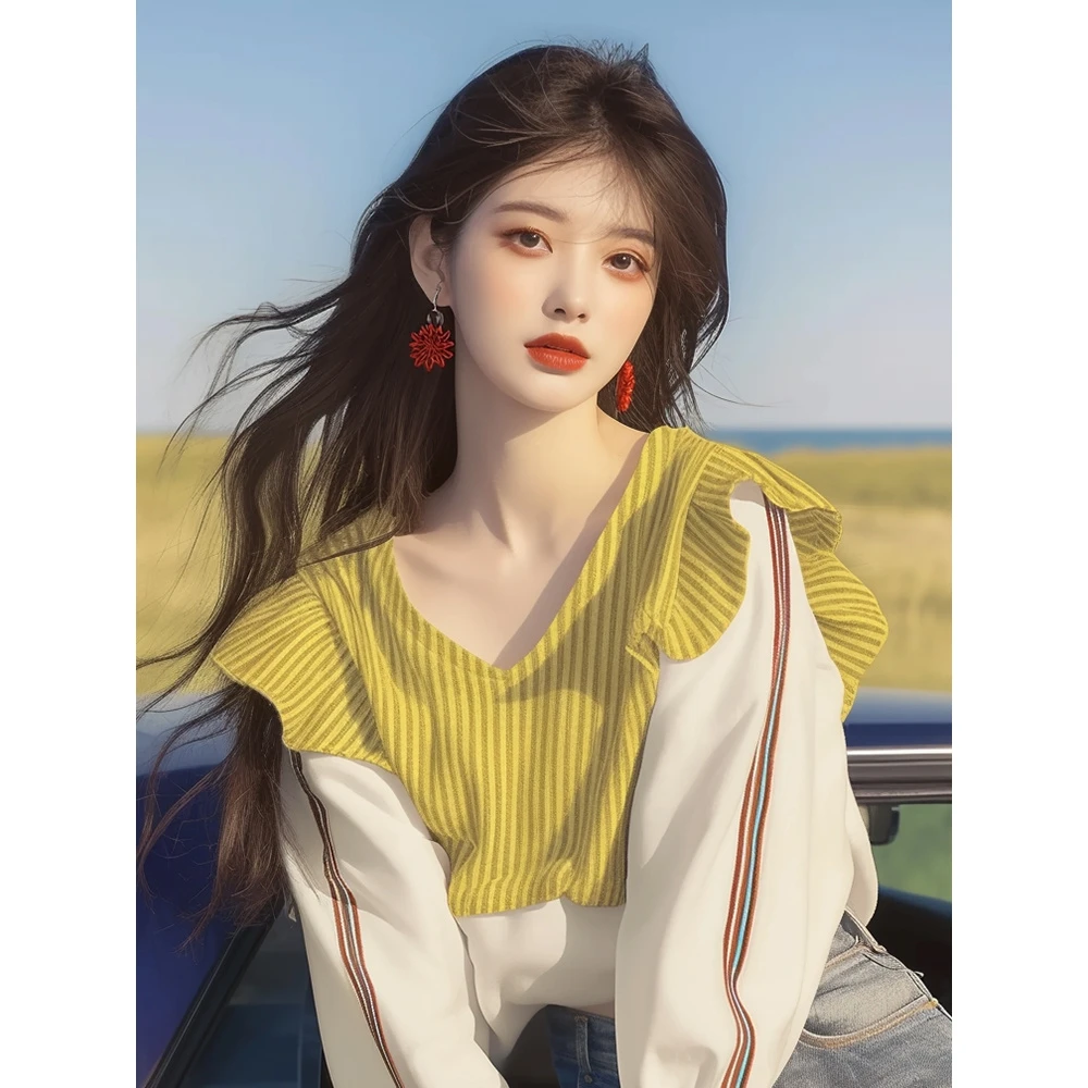 2024早秋新款爆款上衣韩系慵懒宽松小个子黄色条纹拼接套头卫衣女